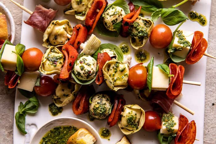 Antipasto Tortellini Skewers with Lemon Basil Vinaigrette | halfbakedharvest.com